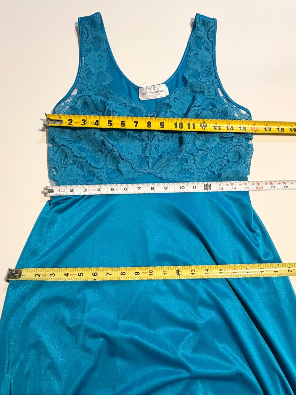 VINTAGE 80s lace floral bodice slip dress nightgown long maxi evening teal blue‎ - Picture 8 of 9